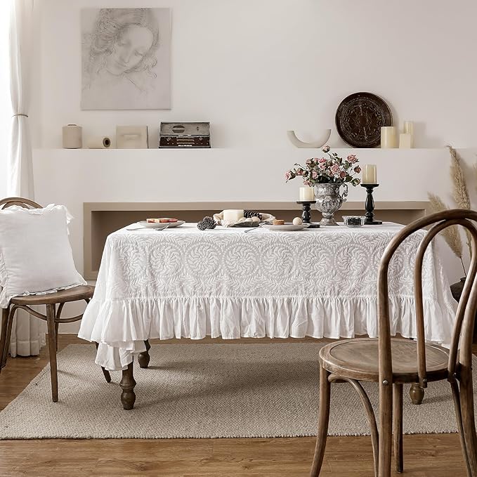 patdrea Vintage Ruffle Tablecloth for Square Tables,Farmhouse Embroidered Cotton White Lace Table Cloth Cover Decor for Dining Room Wedding Banquet Thanksgiving Christmas,51"*51"