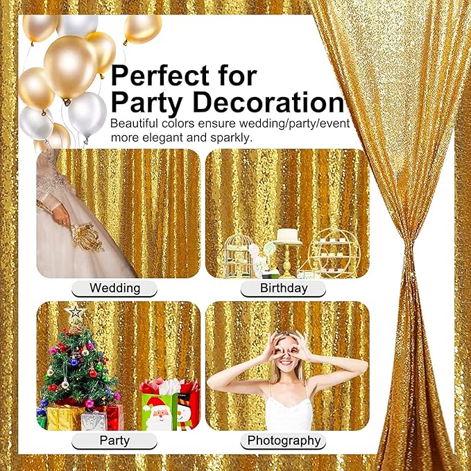 Sequin Backdrop Curtain, 10 x 10 Ft Gold Glitter Panel