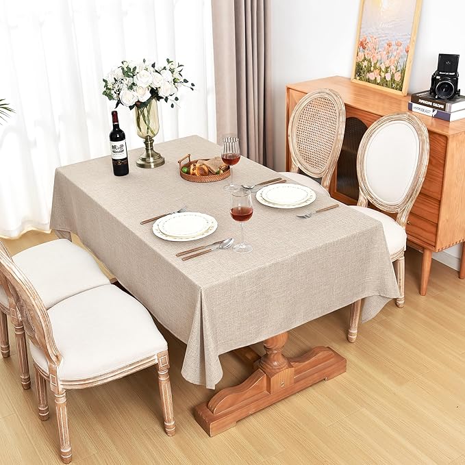 Fitable Faux Linen Beige Table Clothes Rectangle 60 x 120 Inch - 2 Pack Neutral Tablecloths for Standard 8-Seater Rectangular Dining Table(5 ft ?2.5 ft) for Dining, Party, Farmhouse, Banquet, Buffet