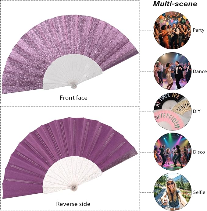 12 Pack Handheld Fan,Folding Hand Glitter Fan with Shining Transparent Fan Rib – Ideal for Wedding, Church, Festival, Dance, Tea Party, Club, and EDM Accessories, Purple