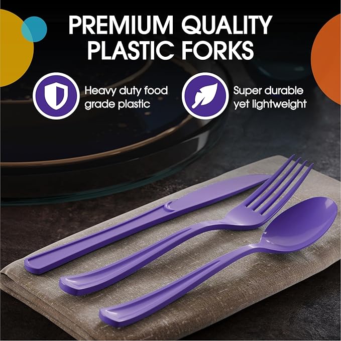 Plastic Cutlery Set 300 Pieces Purple Forks, Spoons and Knives