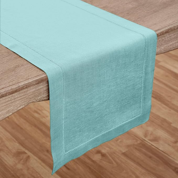 Solino Home Linen Aqua Blue Table Runner 60 Inches - Classic Hemstitch, 100% Pure Linen Coffee Table Runner 14 x 60 Inch Ideal for Dresser Tables