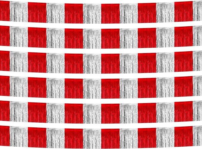 6 Pack 10 Feet Red Silver Foil Fringe Garland Metallic Tinsel Streamers Banner Wall Hanging Curtain Backdrop Banner for Parade Floats, Thanksgiving, Christmas, Birthday, Halloween Party Decorations