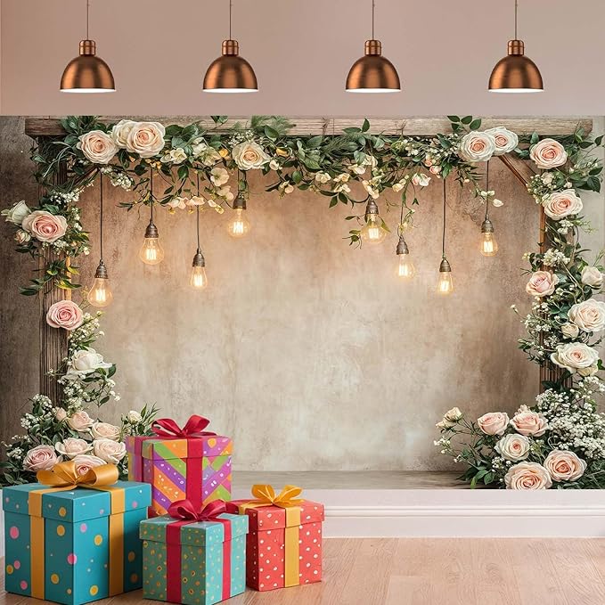 7x5ft Country Wedding Photography Backdrop Floral Rustic Roses Farmhouse Wooden Door Backdrop Pink Flower Birthday Baby Shower Wedding Bridal Party Banner Photo Booth Props Anniversary Background