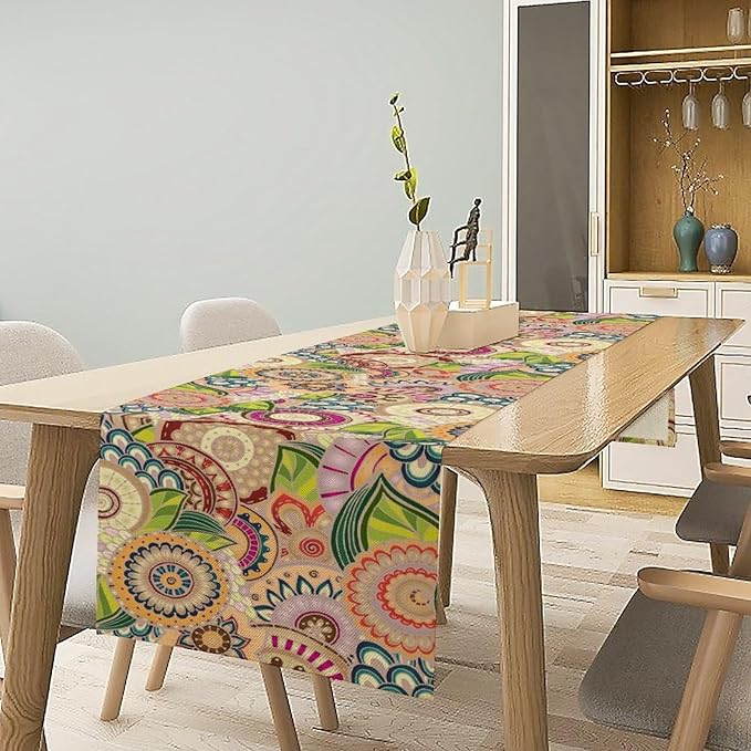 Boho Floral Table Runner,Retro Bohemian Flower Table Runner for Kitchen Dining Table Home Party Decoration 13x90 Inch