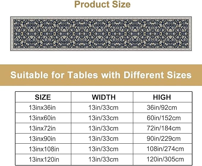 Vintage Boho Floral Table Runner, Morris Rustic Country Farmhouse Dark Blue Grey Retro Flower Pattern for Home Kitchen Table Decor Dining Coffee Room Party Decor 13x36in