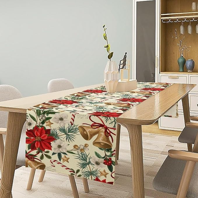 Christmas Table Runner, Seasonal Winter Xmas Holiday Kitchen Dining Table Decoration for Home Party Decor 13x60 Inch