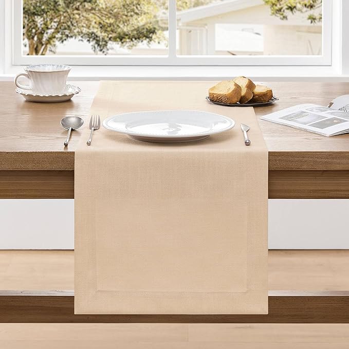 ZeeMart Linen Textured Border Table Runner, 14 x 108 Inch Oatmeal, Farmhouse Style Beige Table Runners 108 Inches Long, Easy Care Everyday Polyester Table Runner
