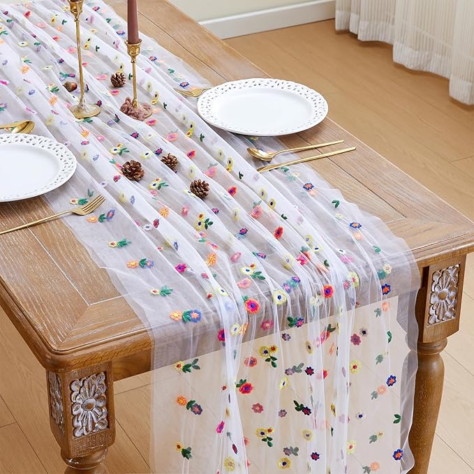 JIALE Ivory Floral Table Runner, Embroidery Daisy Seasonal Table Decorations, 120Inch 10FT 1PC Tulle Fabric for Home Decor, Bridal Shower Wedding, Baby Shower Parties, DIY Craft