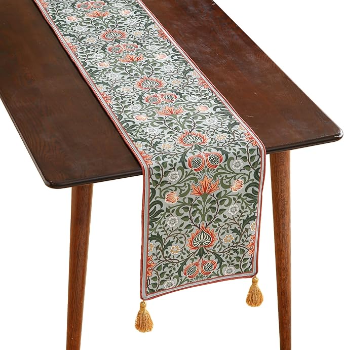 ISAENNE Designer French Green Elegant Linen Table Runner 87 Inches Long,Colorful Flower Pattern Soft Table Runners for Dining Tables,Thanksgiving,Kitchen Tables,Christmas,12"*87"-Naples B