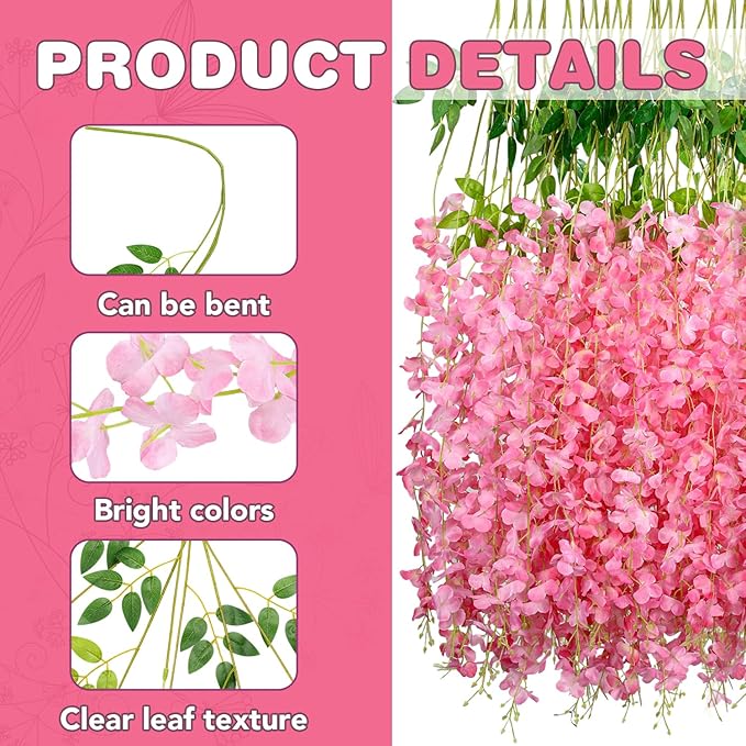 Wisteria Hanging Flowers,Fake Hanging Flowers,Wisteria artificiales Garland for Home Wedding Arch Floral Party Garden Ceremony Outdoor Decor,3.6 feet Long(50,Pink)