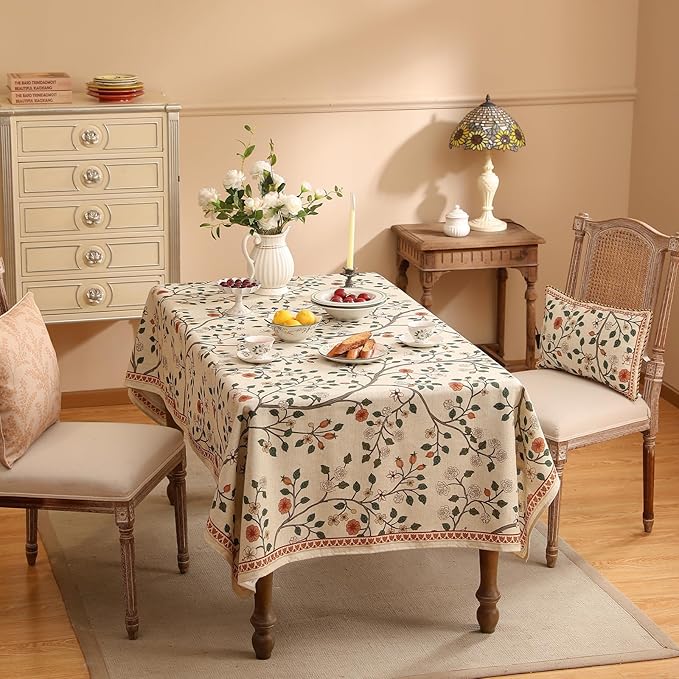 Floral Square Tablecloth 67 x 67 Inch, Linen-Polyester Blend
