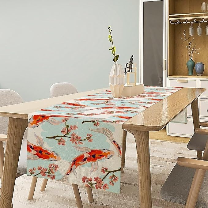 Japanese Kio Fish Table Runner Cherry Flower Art Printed Burlap Runner Home Kitchen Dining Table Living Room Decor Fabric 1 Panel W13xL70in