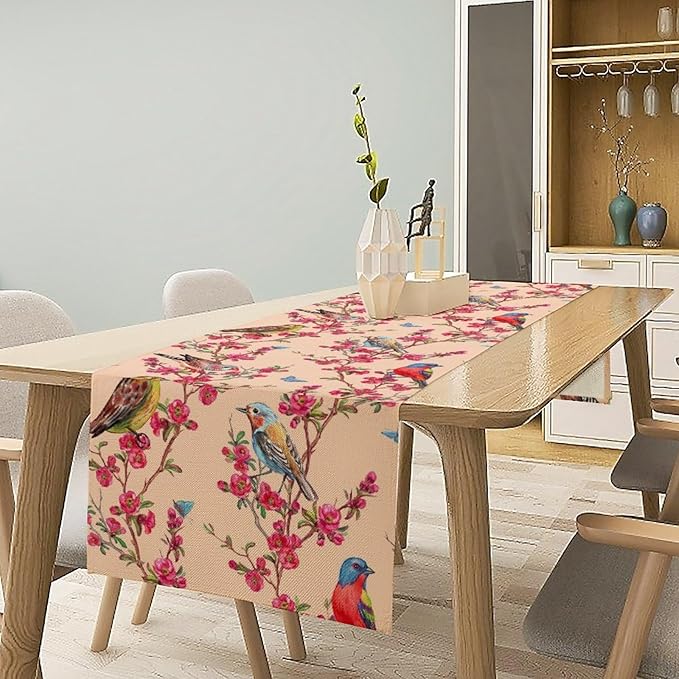 Floral Butterfly Table Runner Seasonal Spring Flower Bird Table Decoration Table Runner for Home Party Decoration 13x70 Inch
