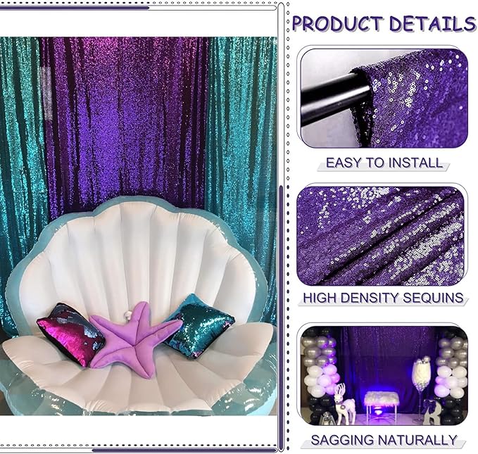 Purple Sequin Backdrop Curtain, 10 x 10 Ft Glitter Panel with Rod Pocket