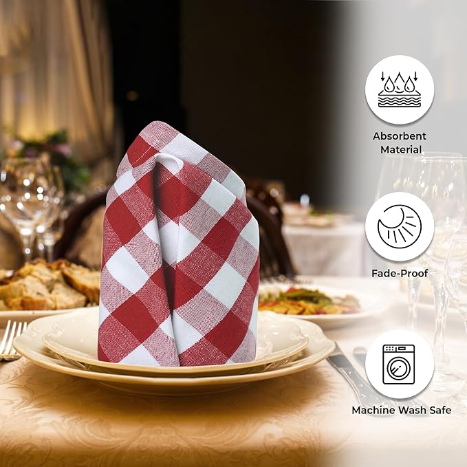 Cloth Dinner Napkins Set of 12, Square Red and White Checkered 100% Cotton