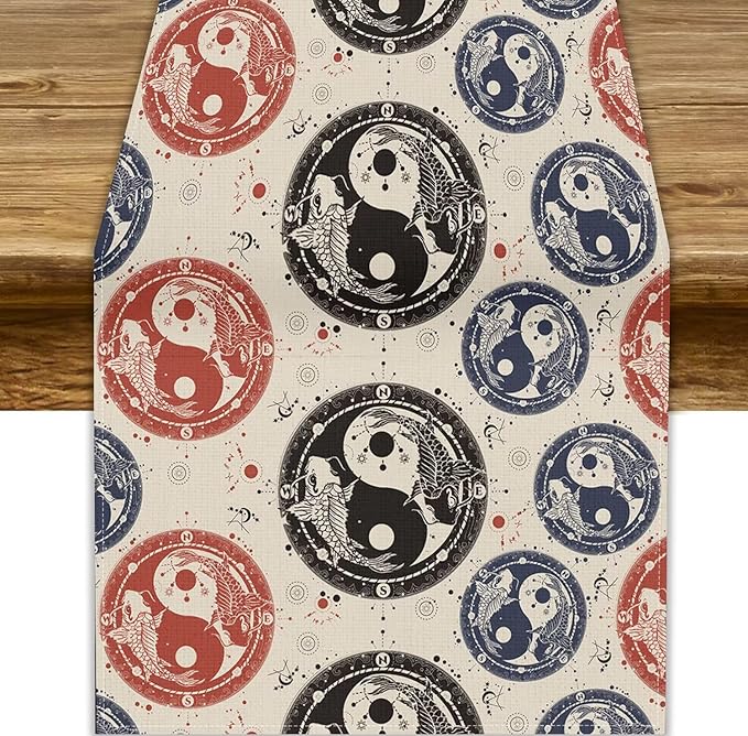 Yin Yang Table Runner, Vintage Mid Century Traditional Oriental Koi Fish Mystical Celestial Moon Stars Print Table Runner for Kitchen Dining Table Party Decor, 13x70inch