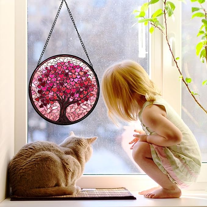 Stained Glass Window Hanging, Pink Love Tree of Life Sun Catchers Colorful Glass Panel Suncatcher Decor for Birthday for Women, Men, Wife, Lovers, and Mom 11.8x11.8 in