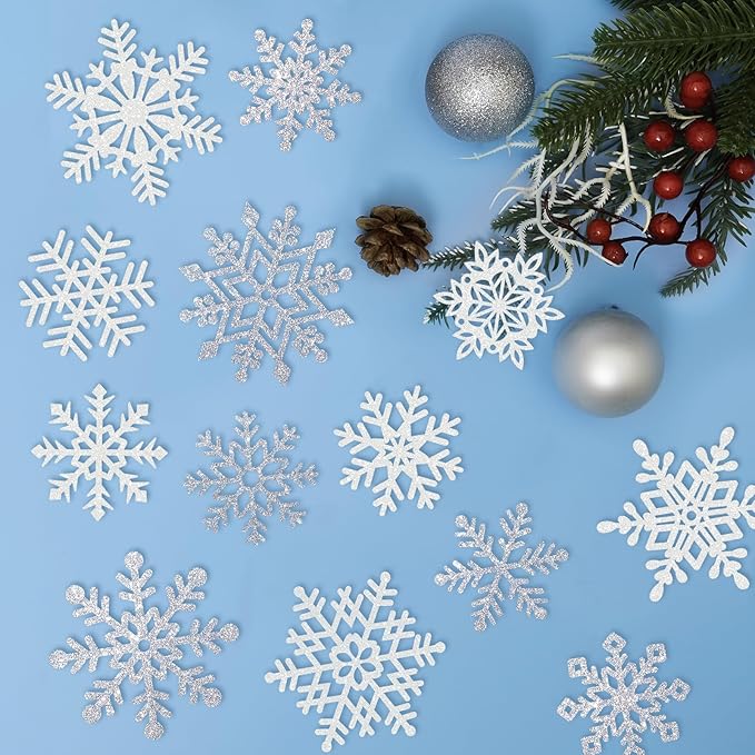 Winter Snowflake Cutouts - Glitter Paper Snowflake Decorations - 50Pcs White & Silver Double-Side Christmas Cutouts for Holiday Winter Wonderland Bulletin Board, Frozen Party Decor
