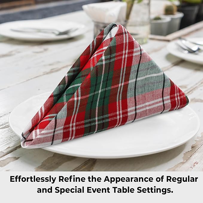Cloth Napkins Set of 12, Christmas Checks Square 100% Cotton 20x20 Inch