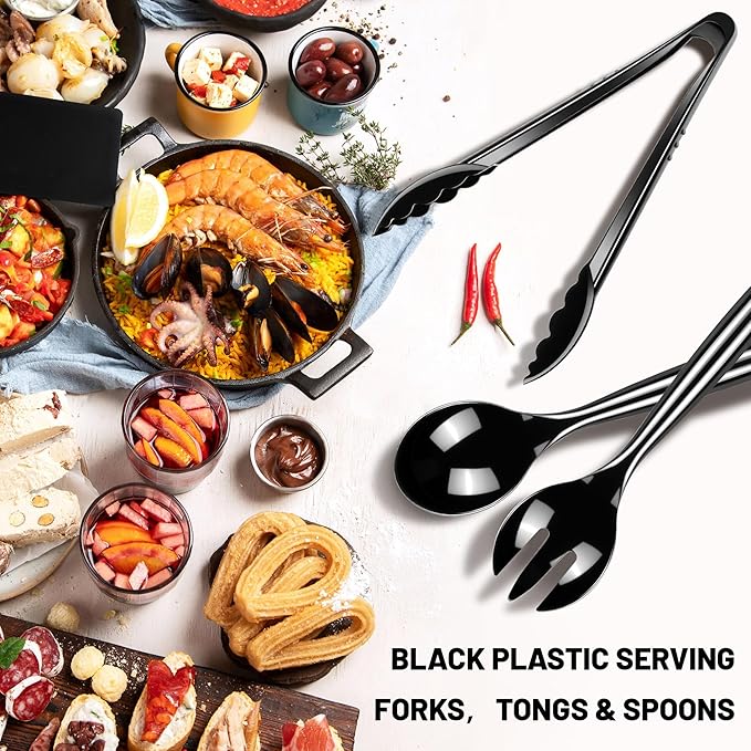 Serving Utensil Set: Black Plastic Spoons, Tongs and Forks
