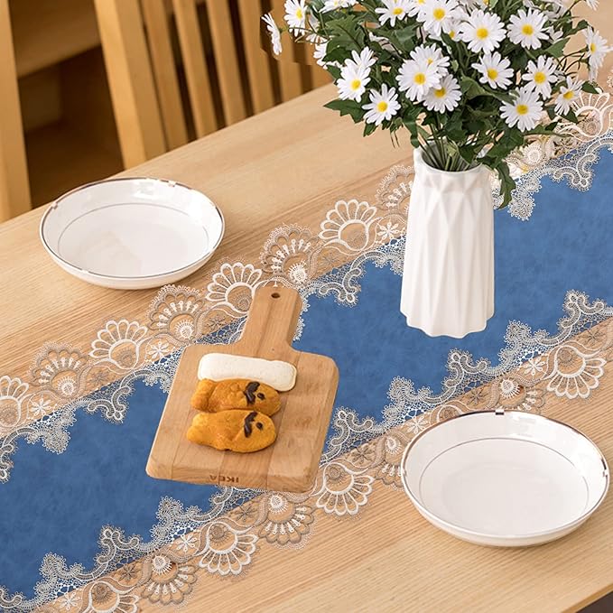 Vintage Lace Dining Table Runner, 72 Inches Macrame Coffee Table Runners for Kitchen Home Christmas Party Decorations (16x72 inch,Blue)