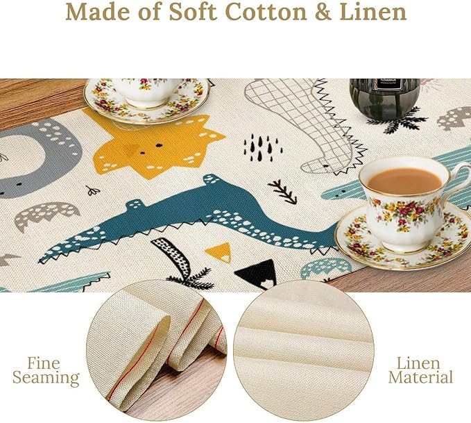 Cartoon Dinosaur Table Runner,Kids Boys Cute Various Dino Moutain Modern Abstract Print Tablecloth Burlap for Hotel Indoors Outdoor Dining Room Kitchen Holiday Party, 13x60in
