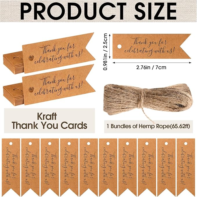 Gift Bags, 50 Brown Drawstring Jute Bags with Thank You Cards
