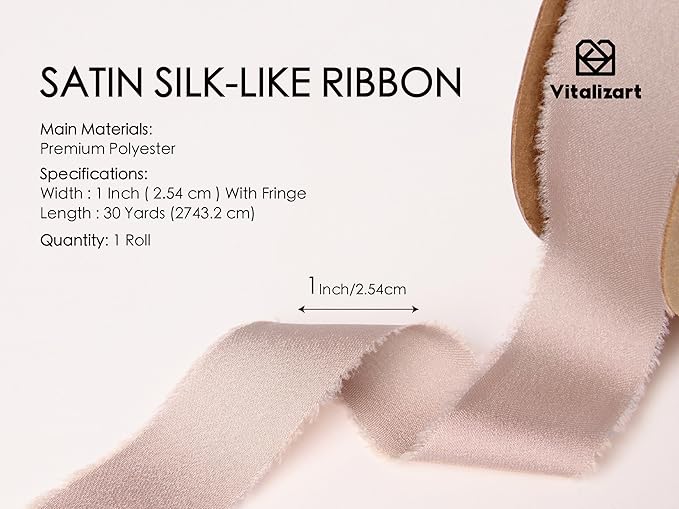 Vitalizart Silk Satin Ribbon 1 inch x 30 Yard Nude Handmade Frayed Ribbons for Gift Wrapping Baby Shower Wedding Bridal Bouquets Holiday Decor