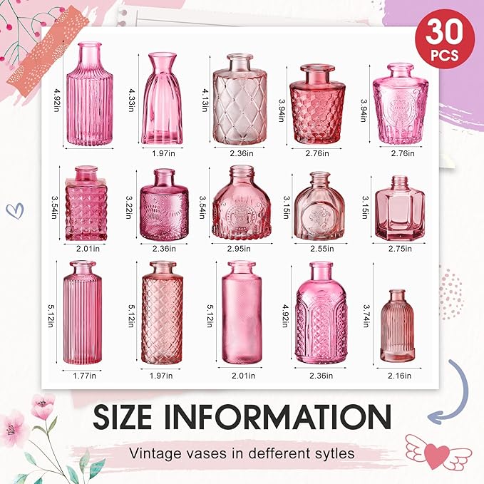 Yaomiao 30 Pcs Vases Bulk Colored Flower Glass Vases Bud Vintage Colored Glass Bottles Colorful Rustic Embossed for Home Wedding Table Decorations Gifts(Pink Series)