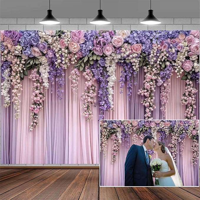 6x6ft Purple Flower Wedding Photography Backdrop Lavender Floral Wedding Bridal Photography Backdrop Anniversary Birthday Baby Shower Girl Party Banner Photo Booth Props Background Wall Decor