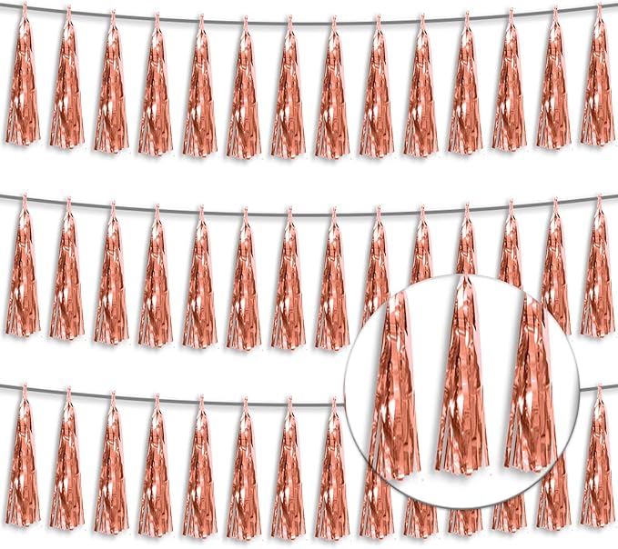 3P Metallic Fringe Tassel Banner Garland Foil Tinsel Streamer Wall Hanging Curtain Backdrop Banner for Parade Floats,Graduation Decorations, Wedding Party Decoration(Rose Gold)