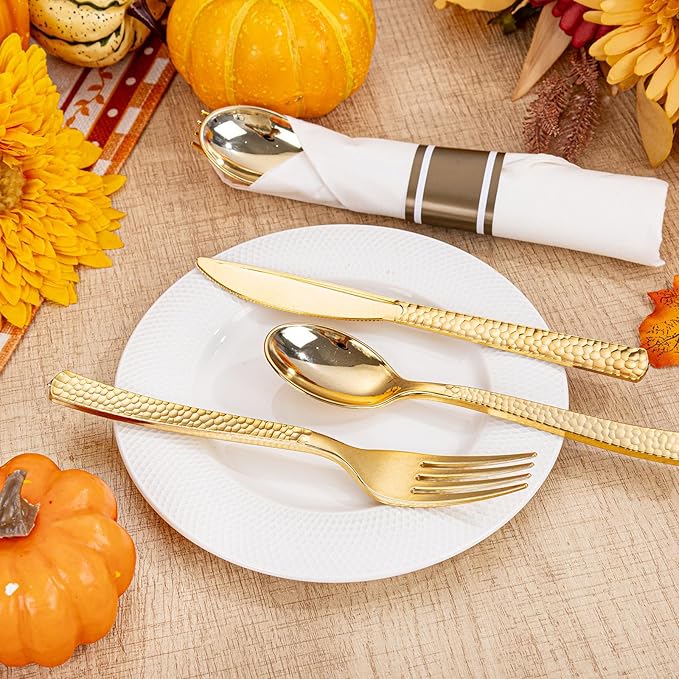 Disposable Spoons Set, 50 Count Gold Plastic with Pre-Rolled Napkins