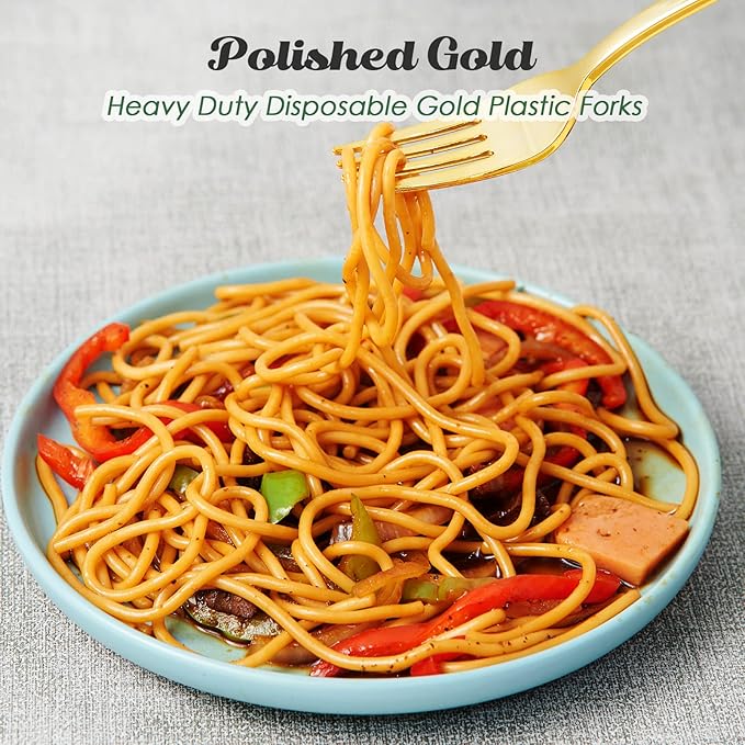 Disposable Plastic Forks, 300 Count Gold Heavy-Duty, 7.4 Inch