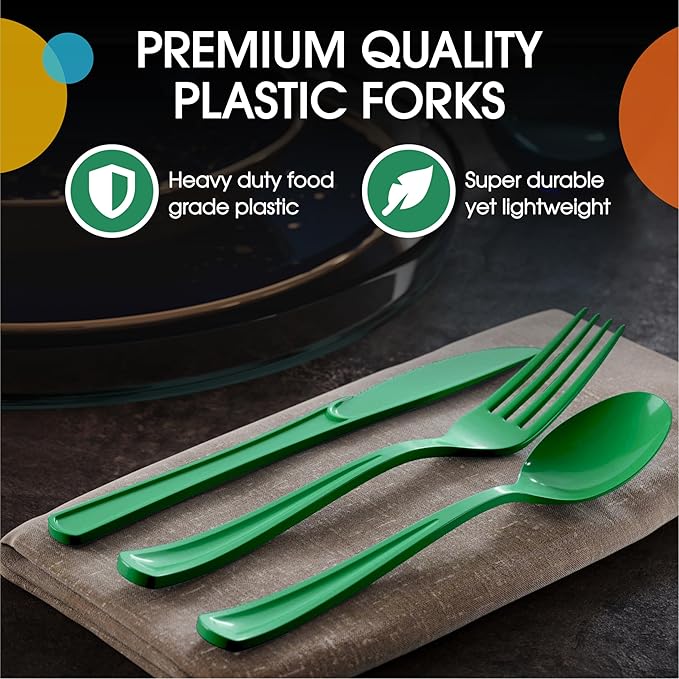 Disposable Plastic Cutlery Set, 300 Pieces, Emerald Green, 7.5 Inch