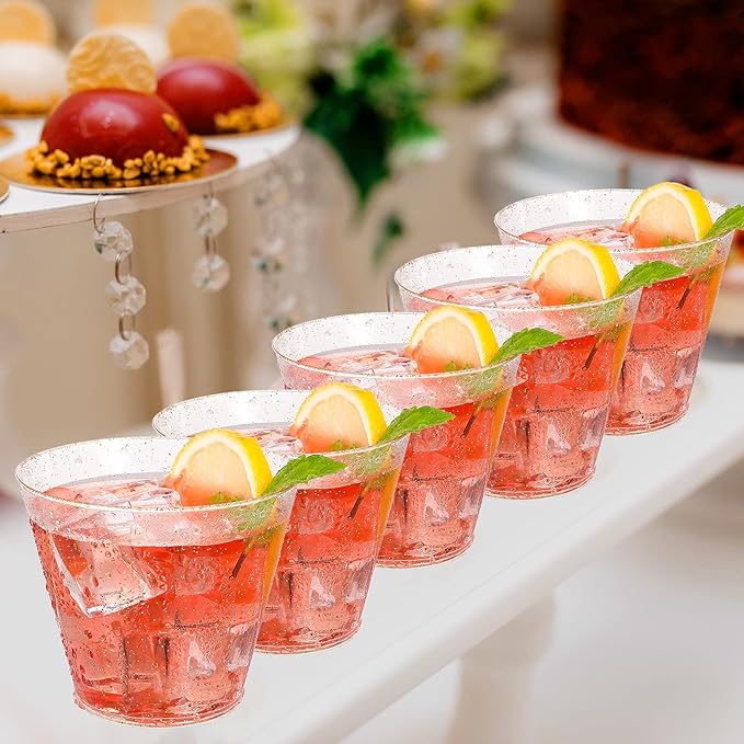 Plastic Cups 9 oz Gold Glitter Disposable, 100 Count