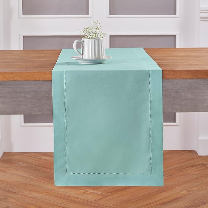 Solino Home Cotton Linen Table Runner 108 Inches Long - Hemstitch Pastel Turquoise Dining Table Runner 14 x 108 Inch
