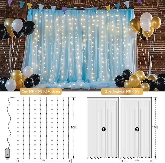 10×8ft Tulle Backdrop Curtains with Lights String - 300LED Fairy Lights Sheer Curtain Backdrop for Weddings Baby Shower and Birthday Party Decorations(8 Panels 5×8ft)