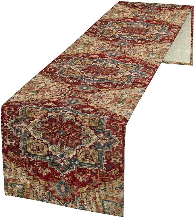Boho Bohemia Style Table Runner, Vintage Red Brown Retro Flower Rustic Country Style Floral Print Pattern for Home Kitchen Table Decor Dining Coffee Room Garden Party Decor 13x90in