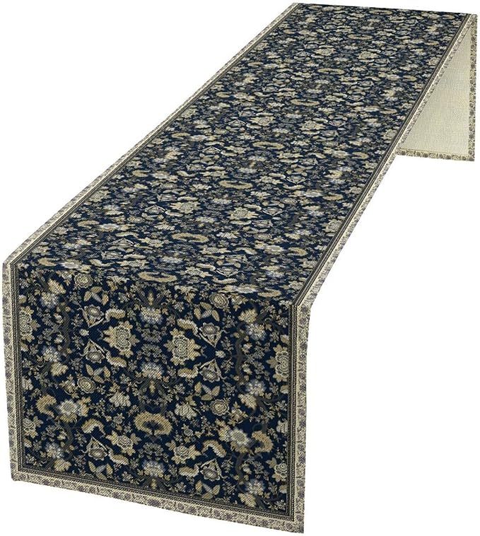 Vintage Boho Floral Table Runner, Morris Rustic Country Farmhouse Dark Blue Grey Retro Flower Pattern for Home Kitchen Table Decor Dining Coffee Room Party Decor 13x108in
