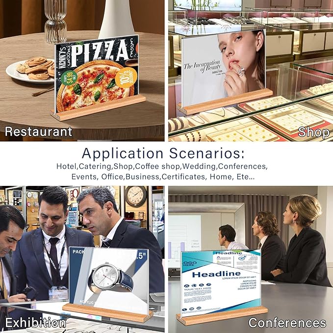 Kersally Acrylic Sign Holder 6 x 4, 3 Pack Double-Sided Clear Table Display Stands with Wood Base,Horizontal Acrylic Frame Menu Flyer Paper Holder for Store, Restaurant, Hotel, Office, Show Fair
