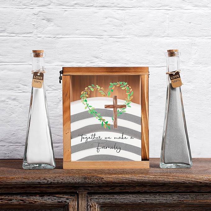 Vases Wedding Sand Ceremony Set, Wood Frame, 2 Glass Vases, White and Gray Sand