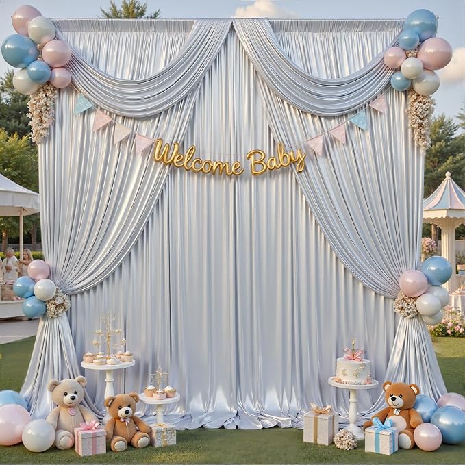 Backdrop Curtain Set, Silver Sequin, 4 Panels 20x10 Ft, Wrinkle-Free