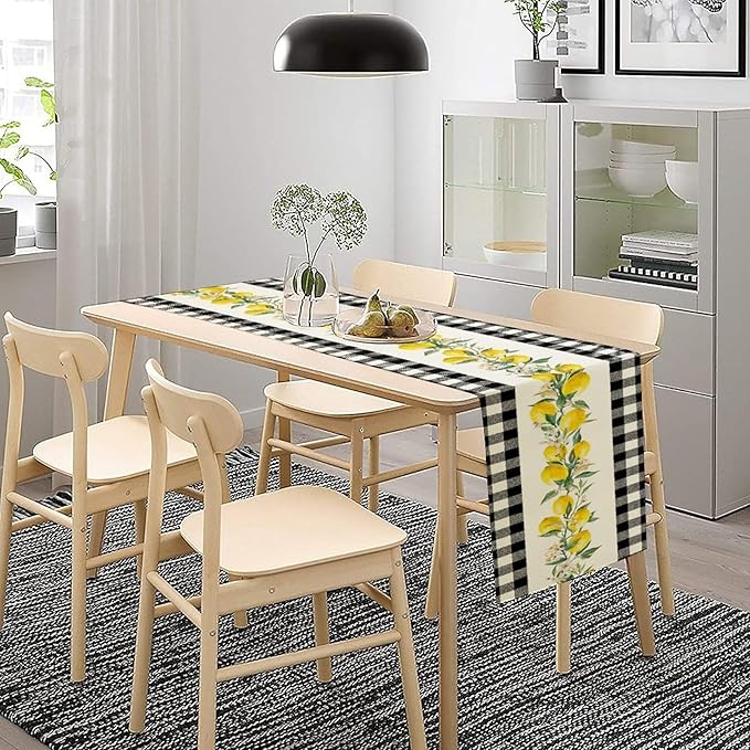 Lemon Table Runner,Black Buffalo Plaid Lemon Table Runner Farmhouse Style Spring Summer Home Kitchen Dinding Room Table Decoration 13x120 Inch