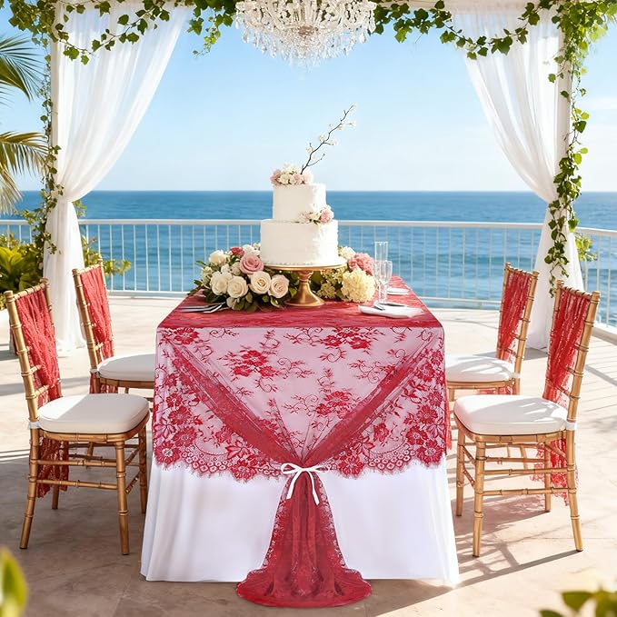 LuoluoHouse Christmas Lace Tablecloth 6pcs Rose Floral Table Fabric 60x120 Inch for Rustic Theme Party Wedding Decoration Rectangle Overlay Long Embroidered Reception Table Cloth Decor