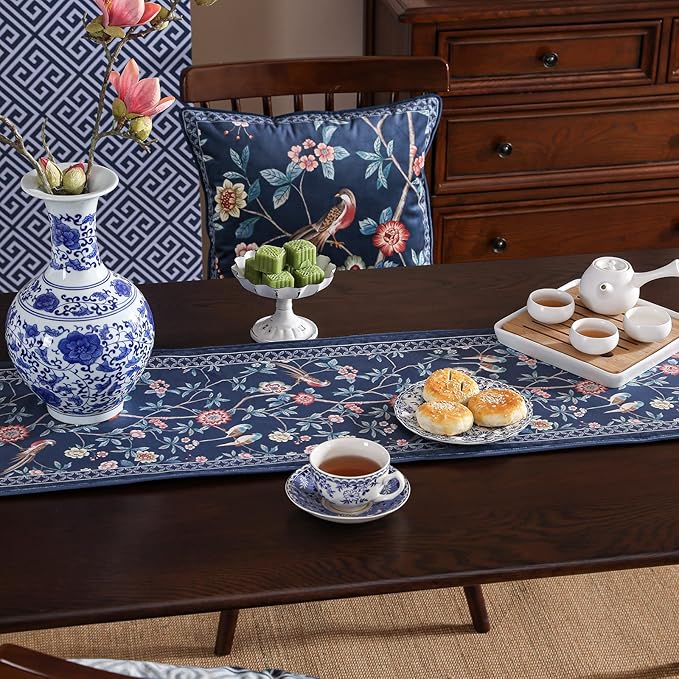 patdrea Vintage Chinoiserie Floral Table Runner Farmhouse for Home Kitchen Dining Decor Parties Family Dinners 12"*102"