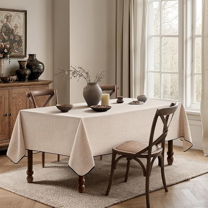 MIULEE Ivory-Black Linen Tablecloth 60x104 Inch Rectangle Table Cloth Waterproof,Stain Resistant & Wrinkle Resistant for Dining Party Wedding