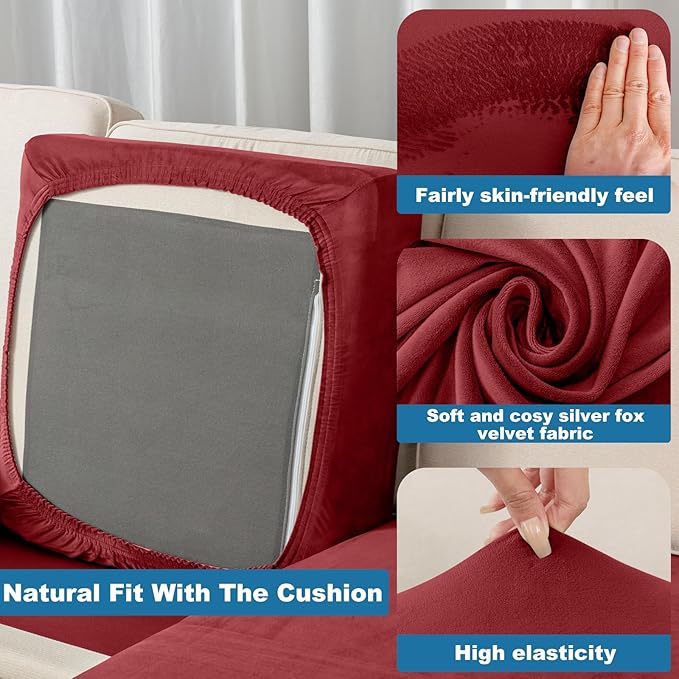 Sofa Slipcovers Stretch Velvet Cushion Covers, 3-Piece in Christmas Red