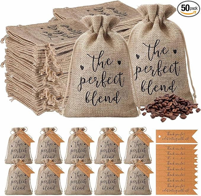 Gift Bags, 50 Brown Drawstring Jute Bags with Thank You Cards