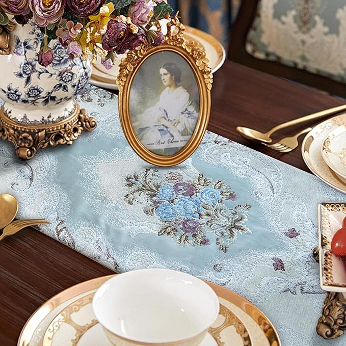 HeMiaor Chenille Luxury Table Runner Jacquard Textured Design for Office Desk Decoration and Coffee Table Decor Light Blue Table Runners 72 inches Long